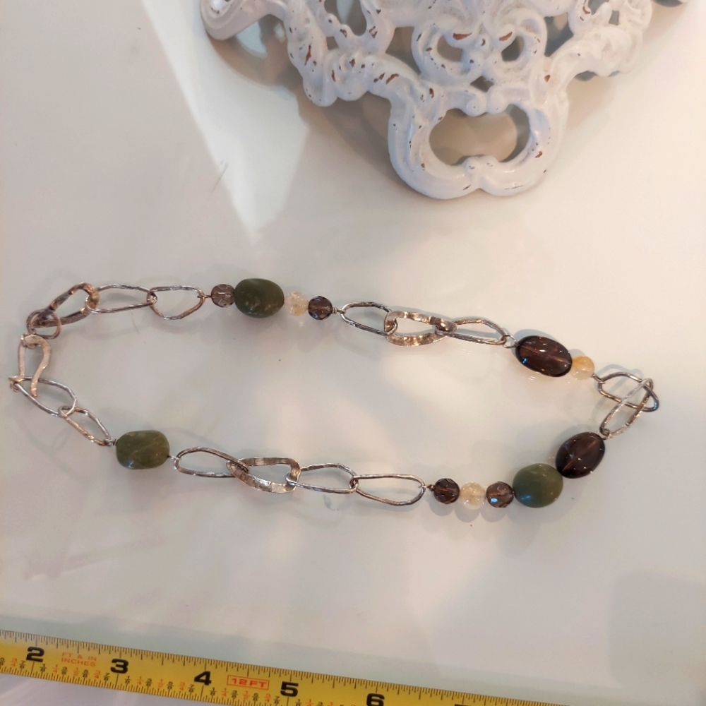 Silpada Sterling Hammered Links With Olive Green and Brown stones 18"